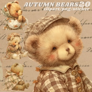 Cute Autumn Teddy bear  digital sticker, vintage clipart bundle, transparent,instant download, vintage back to school png, kid clipart