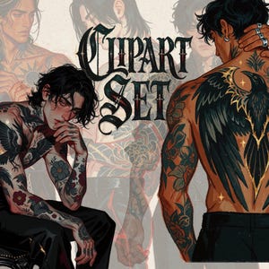May include: A digital illustration set featuring a person with dark hair and extensive tattoos, including a large black raven on the back with gold accents, floral patterns on the arms, and the text CLIPART SET in a stylised black gothic font.