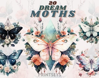 Watercolour Mystical Dream Moth clipart bundle, Wiccan png, moth , mystical clipart, witchcraft png clipart, pagan clipart, butterfly bundle