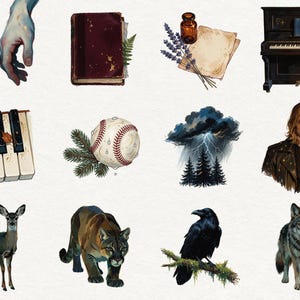 May include: A collection of twelve digital illustrations featuring two hands, a dark red book, lavender sprigs with a glass bottle, an upright piano, piano keys, a baseball with pine needles, a stormy forest, a person, a deer, a cougar, a raven, and a wolf.