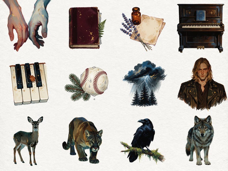 May include: A collection of twelve digital illustrations featuring two hands, a dark red book, lavender sprigs with a glass bottle, an upright piano, piano keys, a baseball with pine needles, a stormy forest, a person, a deer, a cougar, a raven, and a wolf.