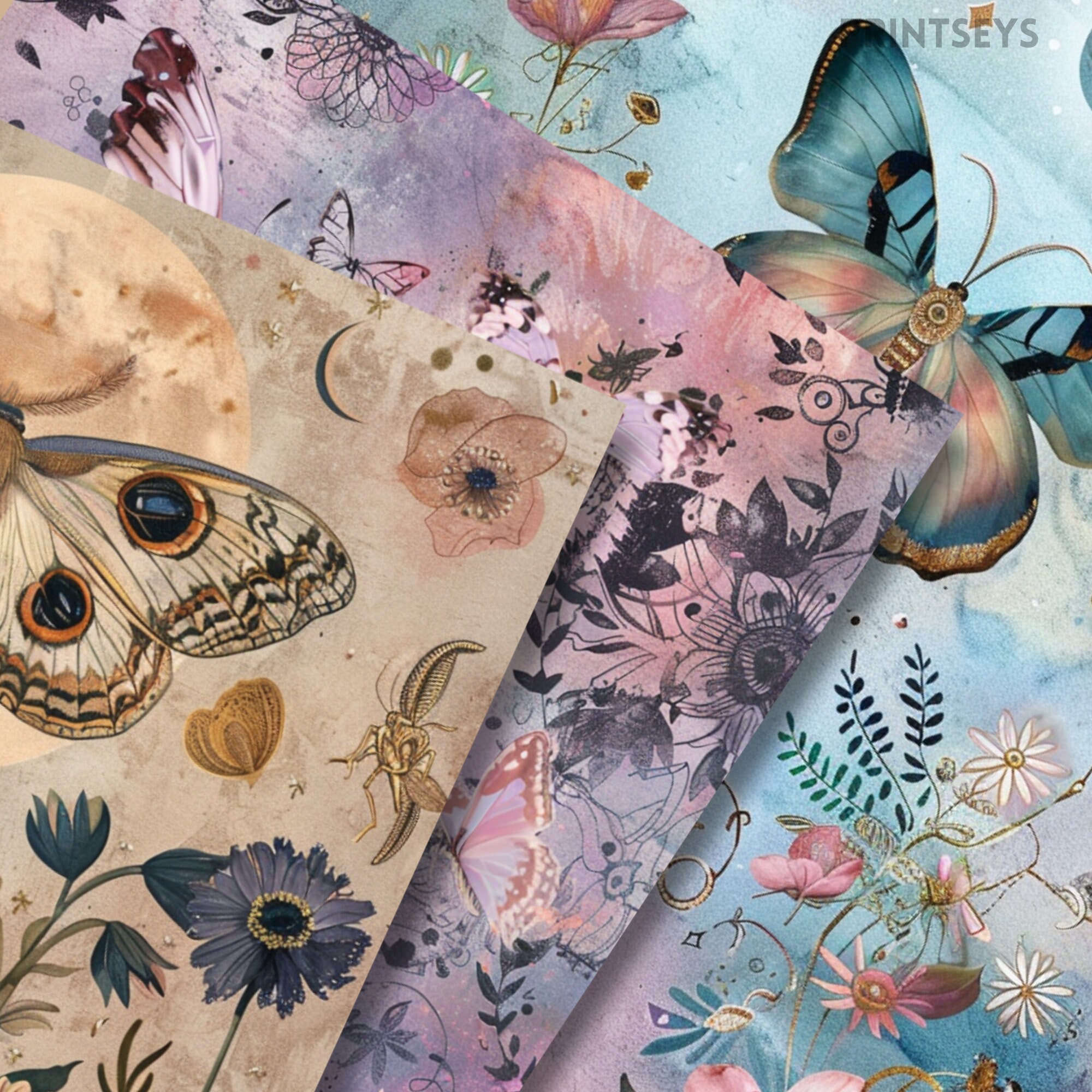 Distressed Moonstone Moth Dream Digital Paper, Vintage Mystical Texture ...