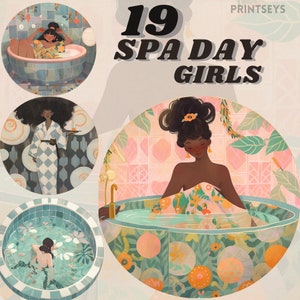 lot d'autocollants numériques vintage ronds de journée de spa, clipart de journée de spa confortable, png de piscine, clipart de sauna, filles, png d'art abstrait, scrapbooking, original