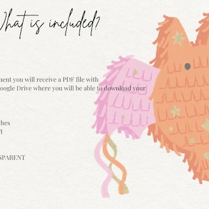 May include: A digital graphic of a peach-colored bat-shaped pi&ntilde;ata with pink wings, gold star accents, and two dark eyes. Text reads: What is included? After payment you will receive a PDF file with a link to Google Drive. 5x5 inches, 300DPI, PNG, TRANSPARENT.