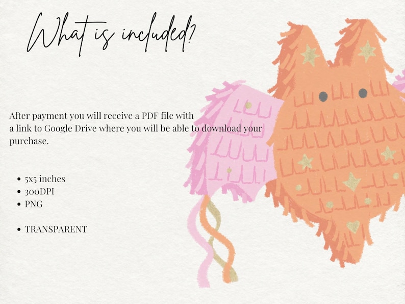 May include: A digital graphic of a peach-colored bat-shaped pi&ntilde;ata with pink wings, gold star accents, and two dark eyes. Text reads: What is included? After payment you will receive a PDF file with a link to Google Drive. 5x5 inches, 300DPI, PNG, TRANSPARENT.
