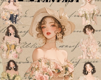 Soft Floral Fantasy Girl digital stickers, cottagecore clipart bundle,vintage victorian  girly png stickers, journaling, scrapbooking,
