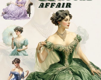 Paquete de imágenes prediseñadas Royal Affair Vintage Fashion, png regencia, imágenes prediseñadas victorianas, vestidos históricos, scrapbooking, descarga instantánea, damas rococó