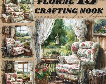 May include: A watercolor painting of a cozy cottage with three floral patterned armchairs, each placed near a window with white lace curtains. The windows overlook a lush garden with a fountain. The text "FLORAL CRAFTING NOOK" and "PRINTSEYS 15" are written on the wall.