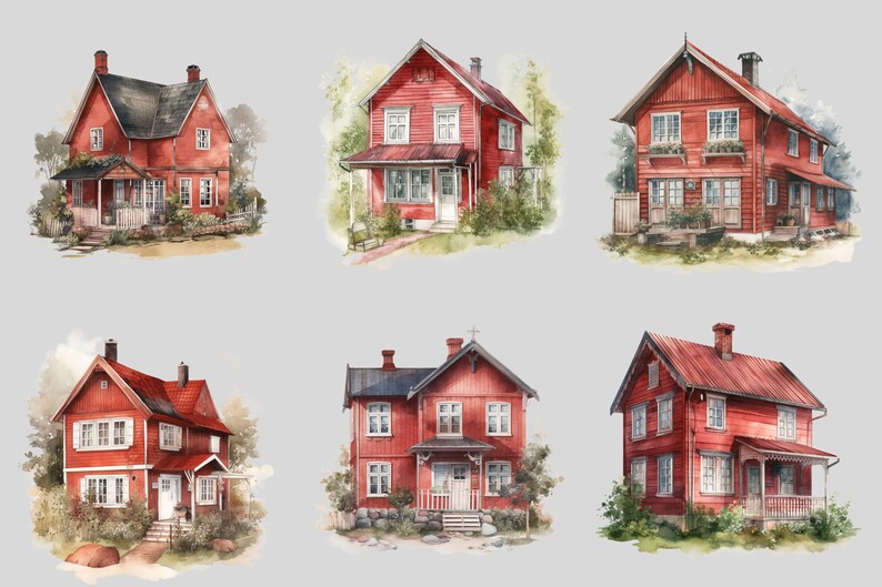 May include: Six watercolor illustrations of red houses with white trim and windows. The houses are set against a light gray background and are surrounded by green foliage.