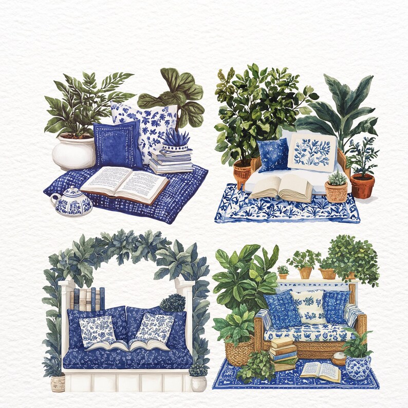 Puede incluir: Cuatro ilustraciones de acuarela de cojines y sof&aacute;s con patrones azules y blancos con libros y plantas. Los cojines y los sof&aacute;s est&aacute;n dispuestos en diferentes entornos, incluyendo un patio, una sala de estar y un dormitorio.