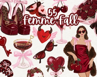 Coquette Fall Clipart PNG Bundle, Y2K Vampire Girl Digital Stickers, Femme Fatale Autumn Graphics, Oxblood Pink Brown Scrapbook Art
