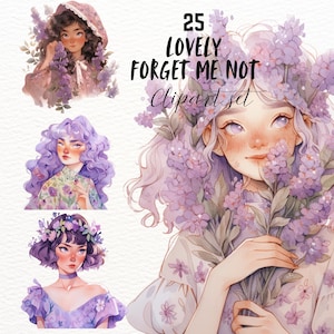 Hermoso paquete de imágenes prediseñadas de hadas de flores lilas, calcomanías femeninas de GoodNotes, manualidades de papel con flores de primavera, png transparentes caprichosos, lindas y femeninas