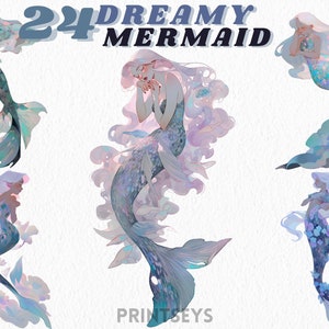 pegatinas digitales de sirena de ensueño, paquete de imágenes prediseñadas, sirenas lindas mágicas, descarga instantánea, hada del agua, scrapbooking, criaturas ocultas