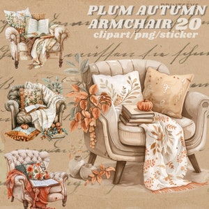 Adesivo digital Cosy Autumn Armchair, adesivos de diário digital, kit de diário de outono, clipart de outono aconchegante, álbum de recortes para impressão transparente