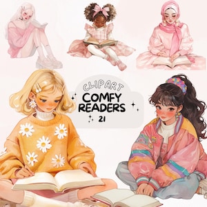 May include: Watercolor clipart featuring illustrations of diverse individuals reading books. The images showcase a variety of styles, including a girl in an orange daisy sweater, and others in pink outfits. Text reads "Clipart Comfy Readers 21."