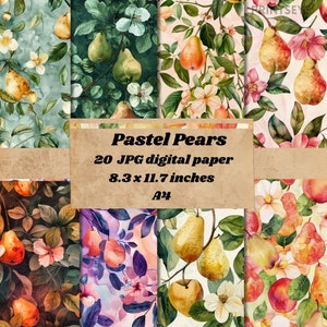 Carta digitale morbide pere pastello, carta di sfondo vintage estivo per acquerello, texture per scrapbooking, download immediato di carta pere stravaganti