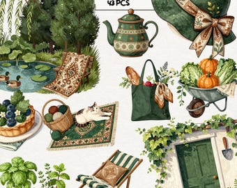 May include: Watercolor illustration of a sunny cottage scene with various elements. Includes a green teapot, a sun hat with a bow, a wheelbarrow with pumpkins, a cat on a rug, and a pond with ducks. The text "SUNNY COTTAGE CLIPART 43 PCS" is at the top.