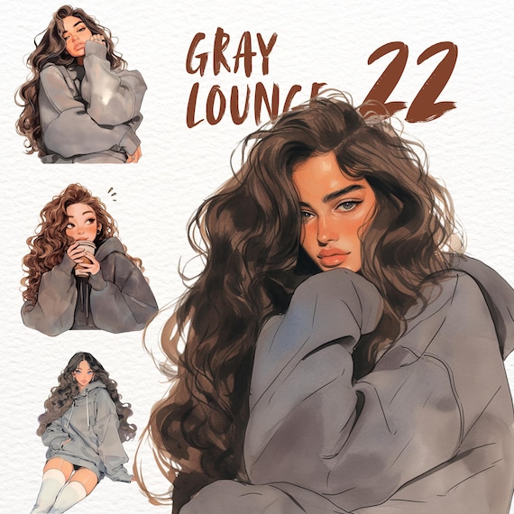 Cozy Gray Relaxed Reading Girls Clipart Set, Cozy Book Lover PNG