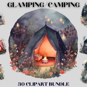Acuarela glamping por la noche Clipart Bundle, Tiendas de campaña, Camping, Senderismo, ambiente romántico, imágenes prediseñadas acogedoras, png, Botas de camping, linterna