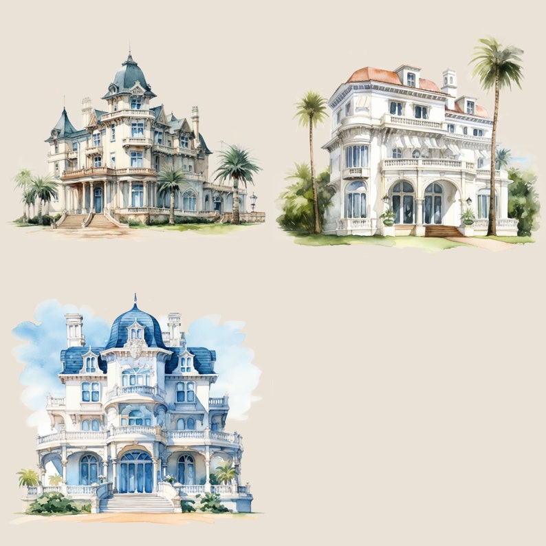 May include: Three watercolor illustrations of white mansions with blue accents. The first mansion has a blue roof and a large front porch. The second mansion has a red roof and a large front door. The third mansion has a blue roof and a large front porch with stairs.