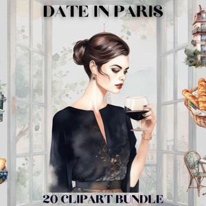 Aquarel datum in Parijs Cottagecore clipart bundel, Frankrijk clipart, romantische clipart, poedel, champagne, restaurant clipart