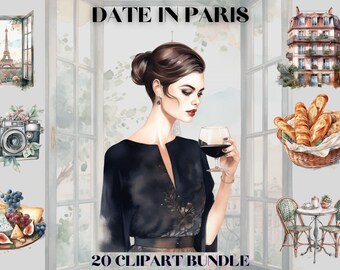Watercolour Date in Paris Cottagecore Clipart Bundle , France clipart, romantic clipart, poodle, champagne, restaurant clipart