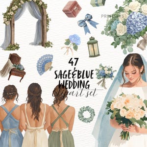 Conjunto de imágenes prediseñadas de acuarela de boda rústica en azul salvia, pegatinas digitales de ensueño, PNG de estética vintage, descarga instantánea de gráficos de planificador comercial