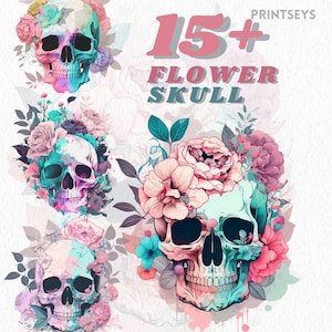 Rosa Blumen Schädel Png, Schädel Clipart, Wicca Clipart, okkulte Clipart, Hexe png, Blumen Schädel Clipart, kommerzielle Nutzung, bunt, wunderlich