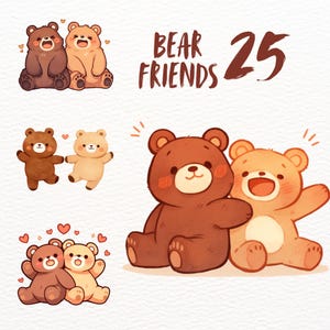 Happy Bear Friends aquarel clipart set Valentines beren digitale stickers, kawaii teddy PNG, planner graphics Instant Download commercieel