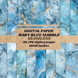 Blue and Gold Marble Pattern Digital Papers,  seamless marble textures with gold vein instant download printable paper for commercial use