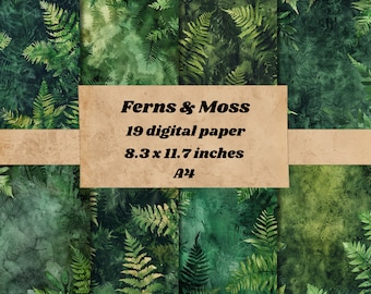 Ferns and Moss Digital paper background, nature background, scrapbooking junk journal paper, fern and moss textured paper craft journaling