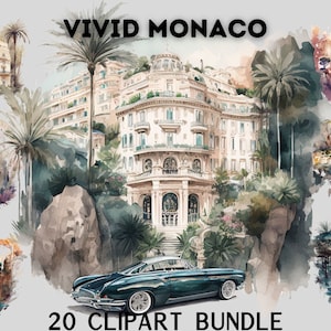 Paquete de imágenes prediseñadas de Mónaco de acuarela, colores vivos, Monte Carlo, imágenes prediseñadas de viaje, estilo postal, colorido