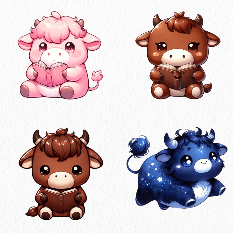 Pu&ograve; includere: Quattro illustrazioni di personaggi di animali carini, colorati e disegnati in stile cartoon che leggono libri. I personaggi sono una mucca rosa, una mucca marrone, un toro marrone e un toro blu.