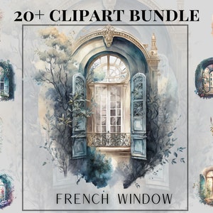 May include: A digital illustration of a French window with a balcony, surrounded by greenery. The window is open, revealing a view of a garden. The illustration is in a watercolor style, with soft, muted colors. The text "20+ CLIPART BUNDLE FRENCH WINDOW" is at the top of the image.
