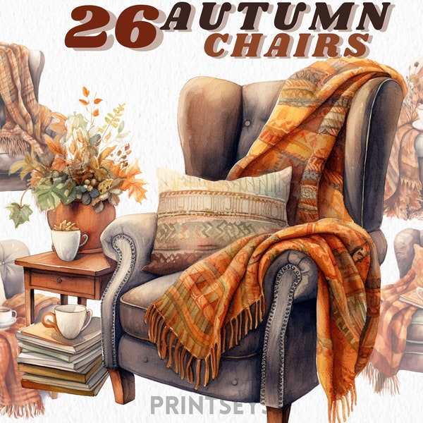 Watercolour cozy autumn clipart bundle, fall clipart, autumn decor, candles, throws,armchair,  autumn leaves, cottagecore clipart, books,