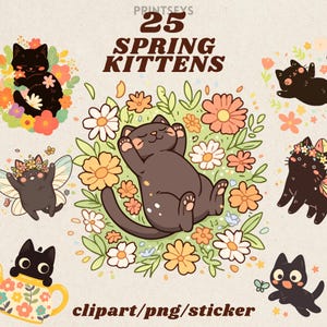 Frühling schwarze Kätzchen Digitale Aufkleber, 2D flache Blumenkatze Clipart, Goodnotes Aufkleber, niedliche PNG, Katzen Digital Journaling Set, transparent