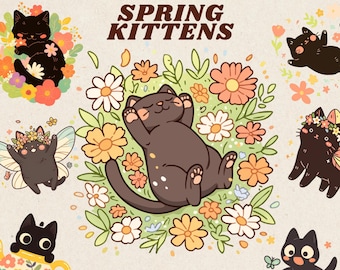 Naklejki cyfrowe Spring Black Kittens, 2D płaski kwiatowy clipart kota, naklejki goodnotes, słodkie png, zestaw dziennika cyfrowego kota, przezroczysty
