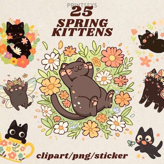 Spring Black Kittens Digital Stickers, 2D flat floral cat clipart, goodnotes stickers, cute  png,  cat digital journaling set, transparent
