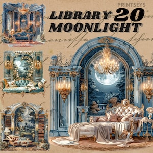 Libreria FANTASY ad acquerello al chiaro di luna, pacchetto di clipart, angolo lettura stravagante, adesivo digitale istantaneo, lettura notturna, adesivi per libri