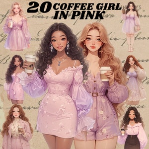 Pink Coffee Girl digitale stickers, cottagecore clipart bundel, girly png, outfit stickers, journaling, scrapbooking, koffie liefhebber sticker