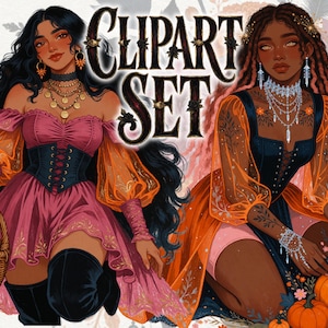 May include: Digital illustration of two figures with long hair, one in a pink dress with a black corset and a basket with a black cat, the other in an orange dress with a black corset surrounded by pumpkins. The text CLIPART SET is centered.