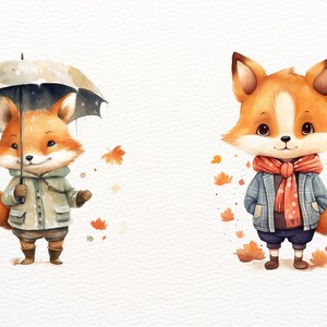 Puede incluir: Dos ilustraciones de acuarela de zorros en oto&ntilde;o. Un zorro sostiene un paraguas y lleva un impermeable. El otro zorro lleva una camisa de cuadros azules y una bufanda roja.