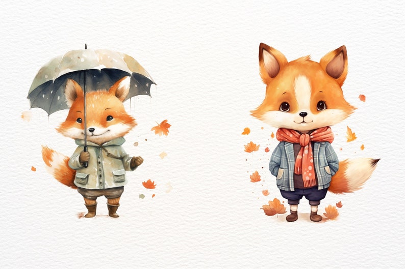 Puede incluir: Dos ilustraciones de acuarela de zorros en oto&ntilde;o. Un zorro sostiene un paraguas y lleva un impermeable. El otro zorro lleva una camisa de cuadros azules y una bufanda roja.