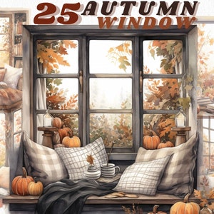 Aquarela Cosy Autumn Windowsill, pacote de clipart, cottagecore, outono aconchegante, transparente, download instantâneo, clipart de recanto de casa de inverno, leitura