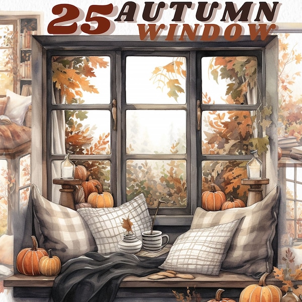 Watercolour Cozy Autumn Windowsill, clipart bundle, cottagecore, cozy fall, transparent, instant download, winter cottage nook clipart, read