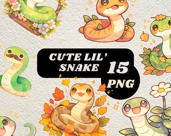Peut inclure: Un ensemble de 15 illustrations numériques de serpents de dessin animé mignons dans différentes poses et couleurs. Les serpents sont représentés dans différents environnements, notamment une couronne de fleurs, un tas de feuilles d'automne et une plante en pot. Le texte "Cute Lil' Snake 15 PNG" est affiché sur une bannière noire.