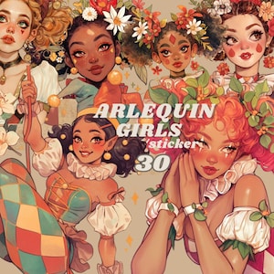 Lot d'autocollants Arlequin Girl Clipart Clown de cirque ensemble d'autocollants magiques goodnote png transparents journalisation scrapbooking graphique fée florale