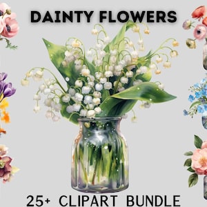 Flores delicadas em aquarela em um pacote de clipart de vaso, flores silvestres, íris, magnólia, camélias, lírio do walley, flores da primavera, álbum de recortes