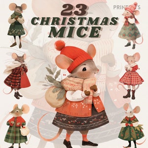 Paquete de imágenes prediseñadas de ratones navideños de acuarela, cottagecore, imágenes prediseñadas acogedoras, imágenes prediseñadas de otoño, moda, ratón, vintage, rústico, romántico, de ensueño