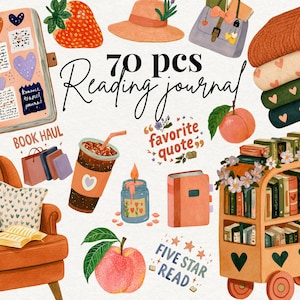 May include: A collection of 70 reading journal stickers featuring illustrations of an open book, a strawberry, a sun hat, a handbag, folded blankets, a book cart, an armchair, a coffee cup, a candle, a peach, and text reading 70 pcs Reading journal.